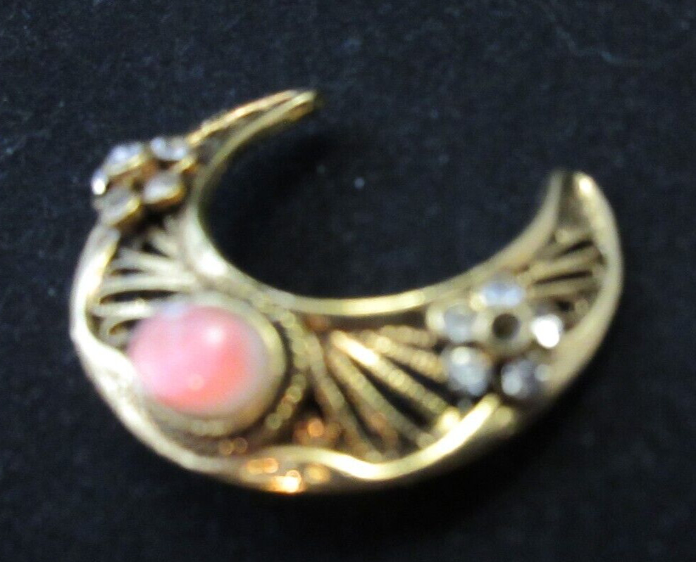 Vintage Tacoa Signed Crescent Moon Shape Clear Rhinestone Pink Cab Brooch