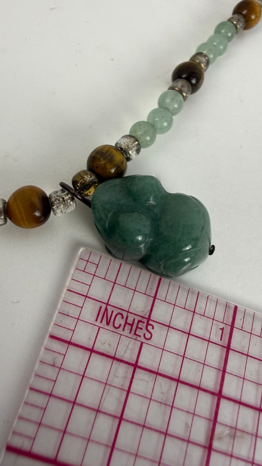 Green Aventurine & Tiger’s Eye Beaded Necklace | Carved Stone Frog Pendant 18″