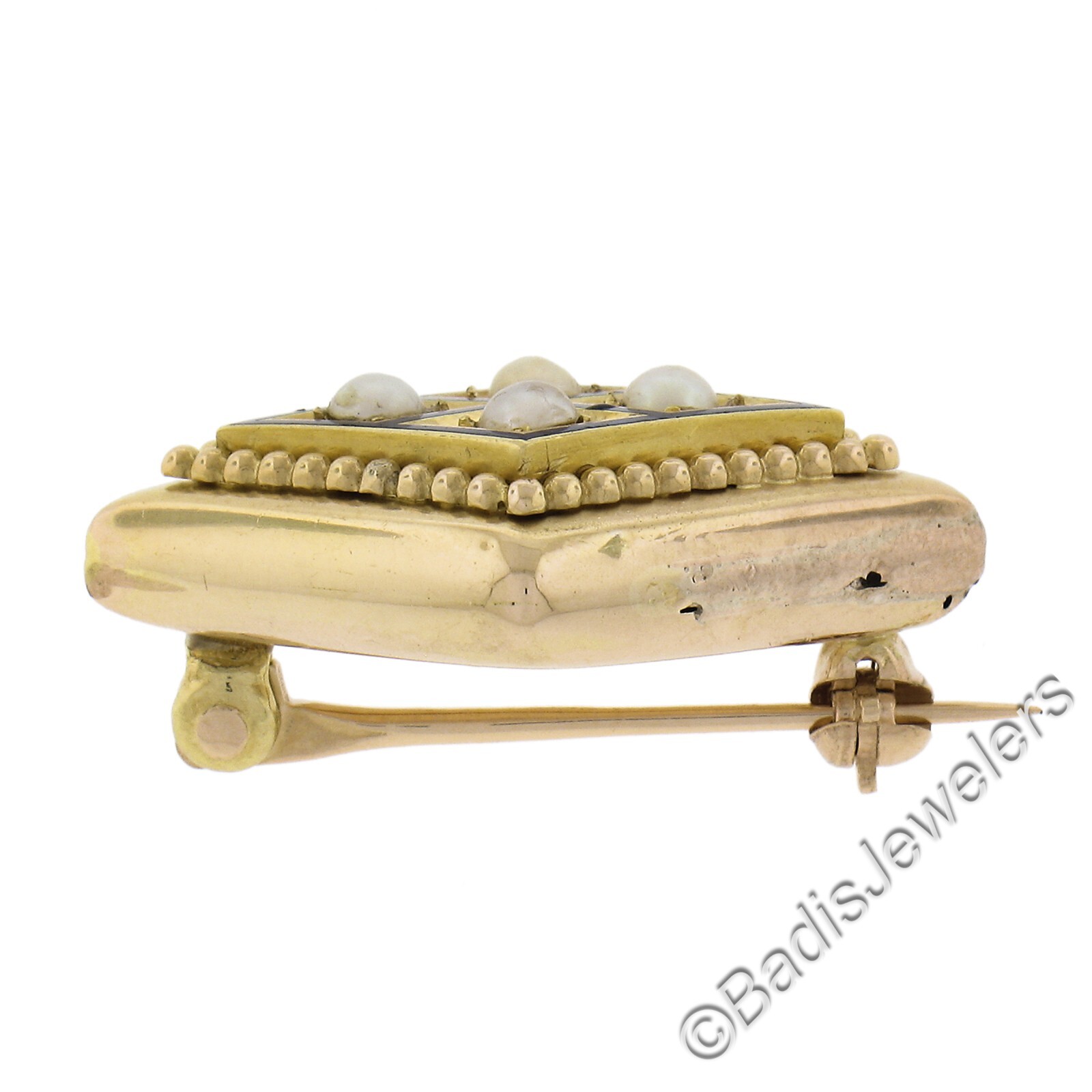 Antique Victorian 18k Yellow Gold Pearl & Blue Enamel Lozenge Shape Pin Brooch