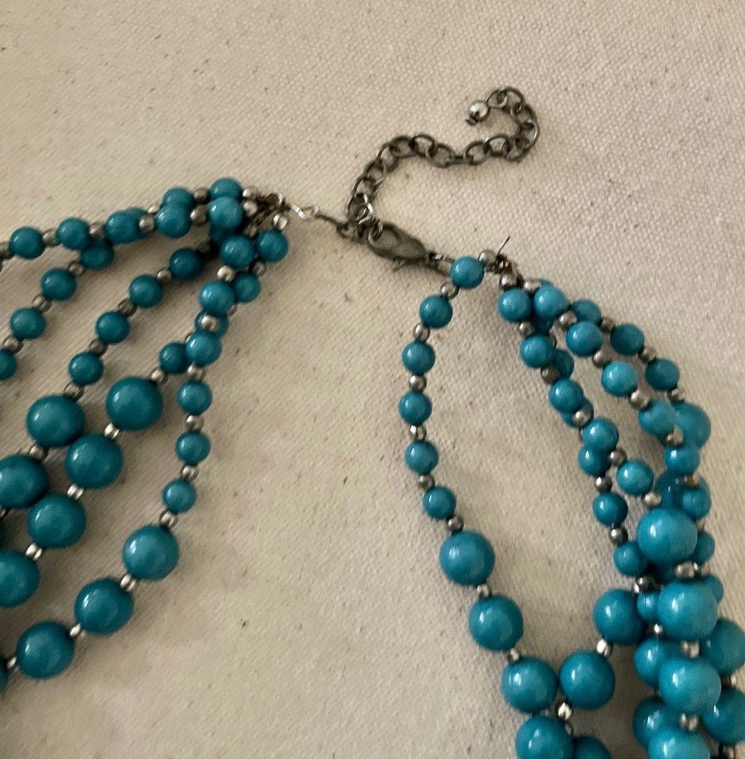 Vintage Turquoise Teal Blue Multi 5 Layered Beaded Silver Graduated Bib Necklace