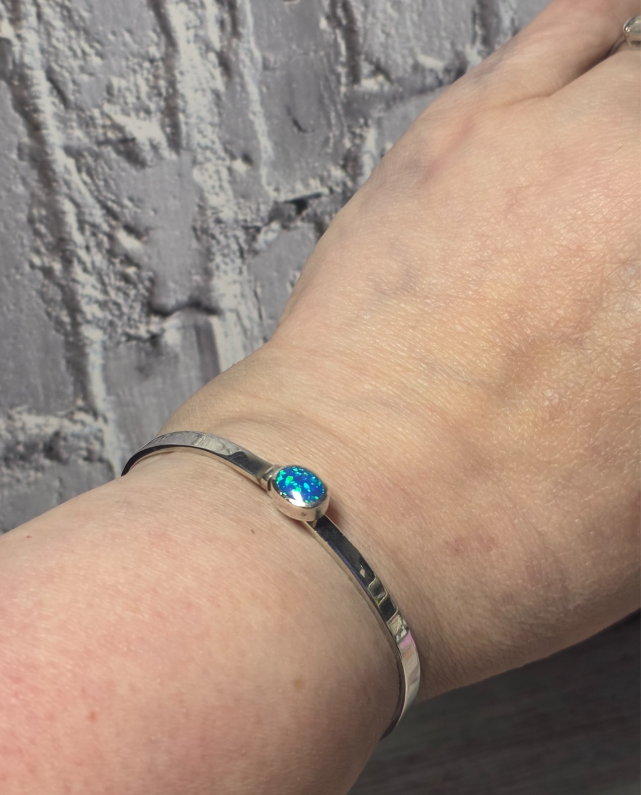 Mexican Blue Opal Inlay .925 Bangle Bracelet 7.5