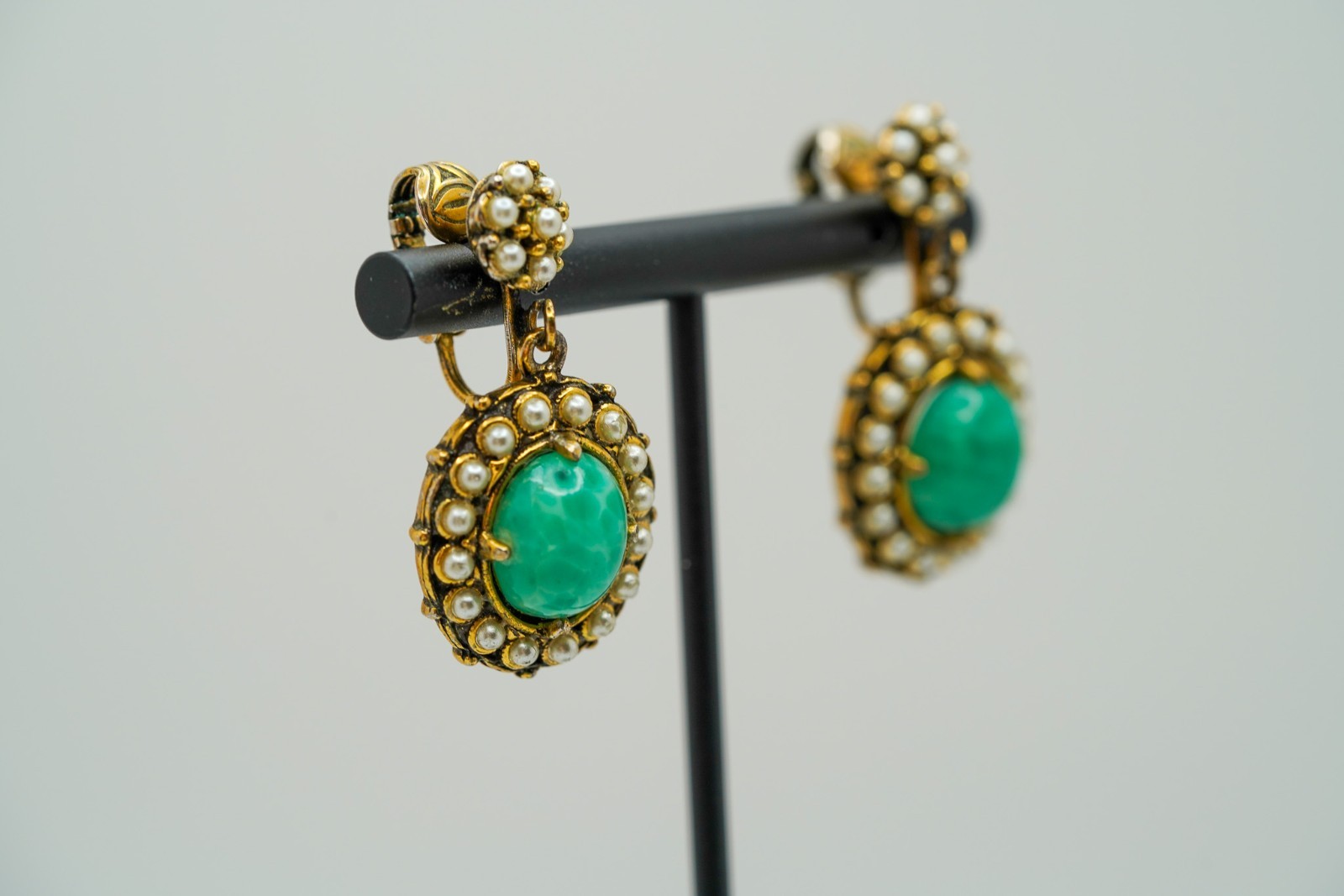 Vintage Green Faux Pearl Dangle Earrings 3.5cm EB1