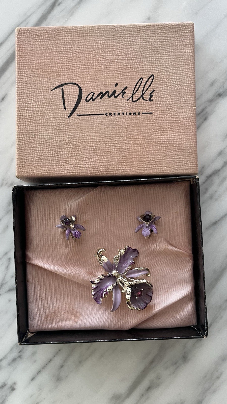 Vintage Purple Enamel Orchid Brooch & Screw Back Earrings Set w/ Box