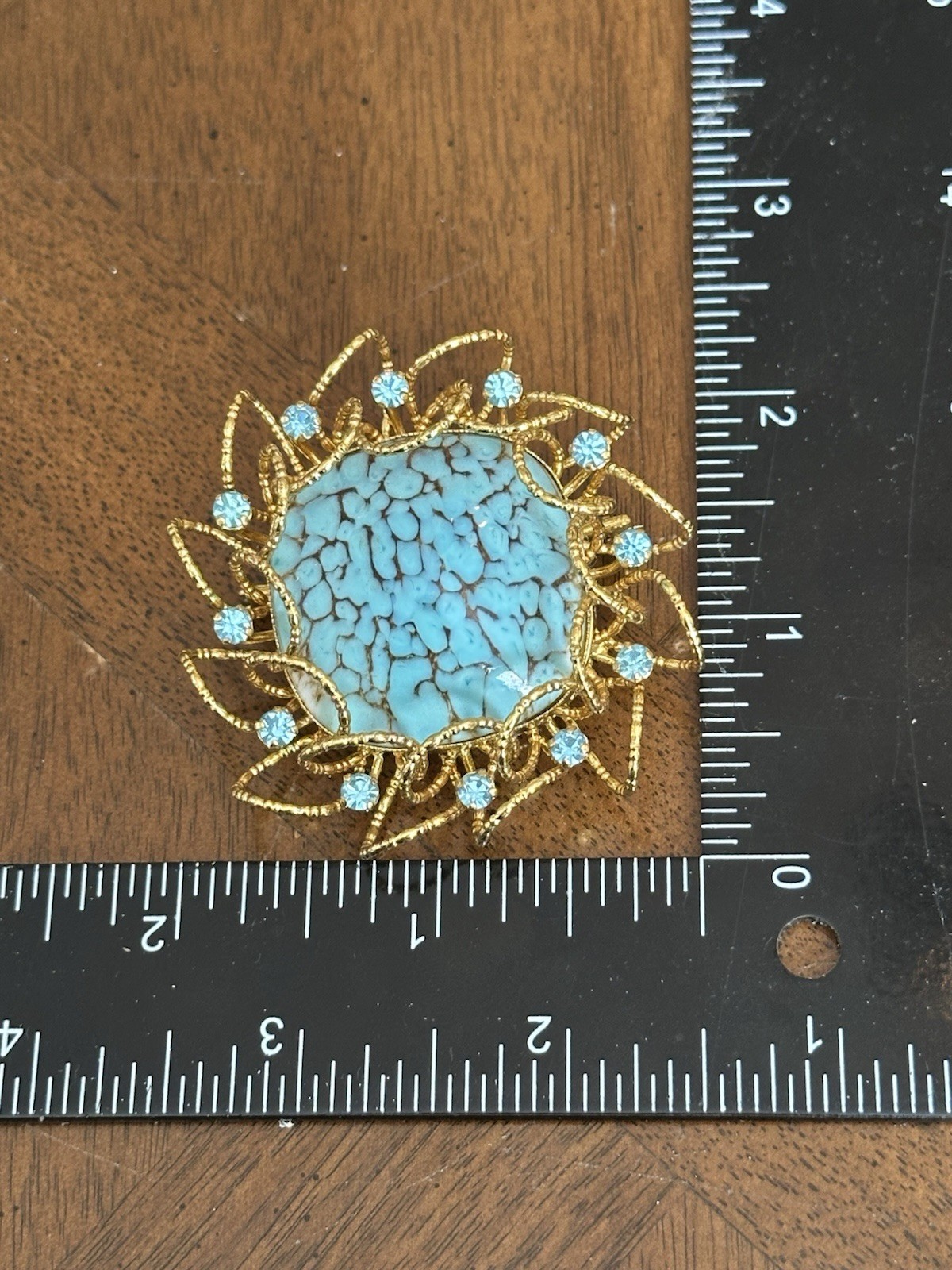 Vintage Faux Turquoise Cabochon Rhinestone Brooch/Pendant Gold Tone Nice!