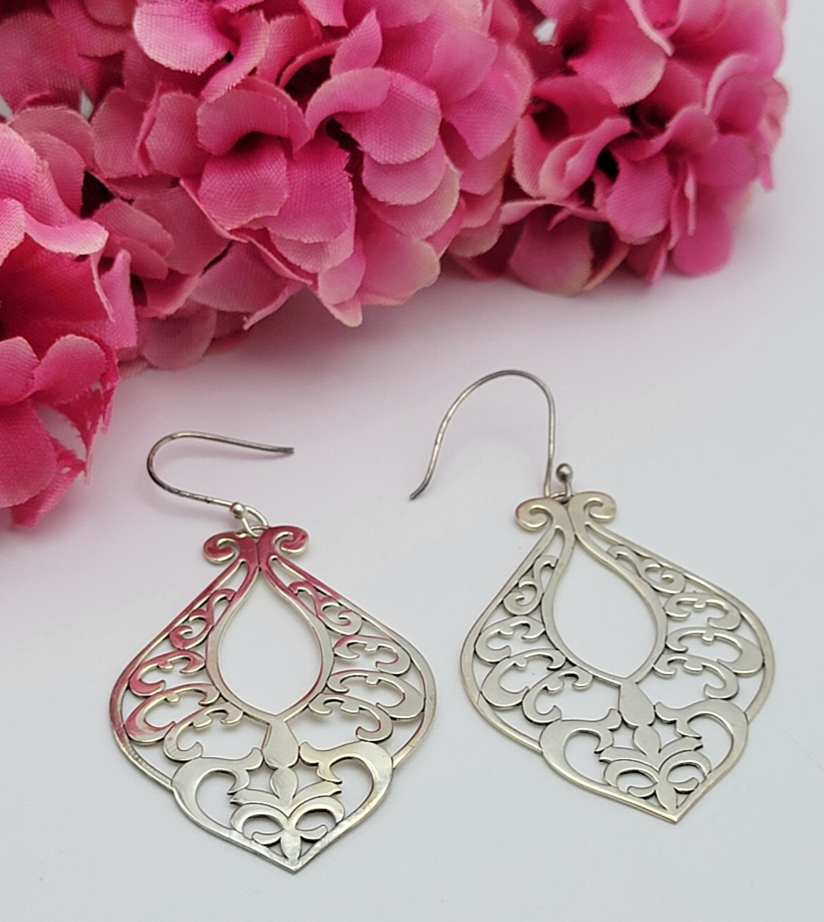 Vintage ATI Mexico 925 Sterling Silver Filigree Drop Earrings French Wire 1.75″