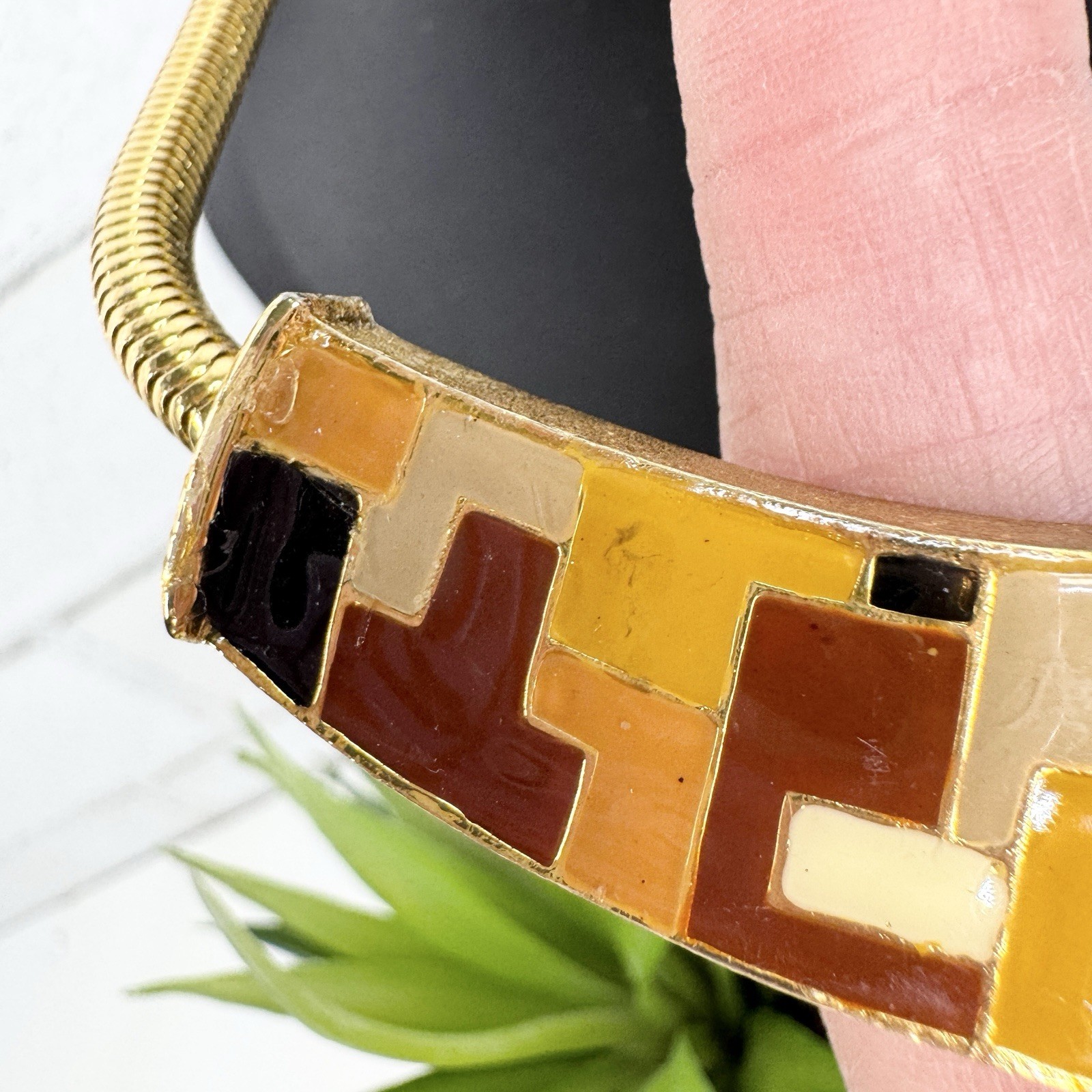 Vintage Neutral Tone Mosaic Enamel Gold Tone Necklace Tan Brown Yellow Orange