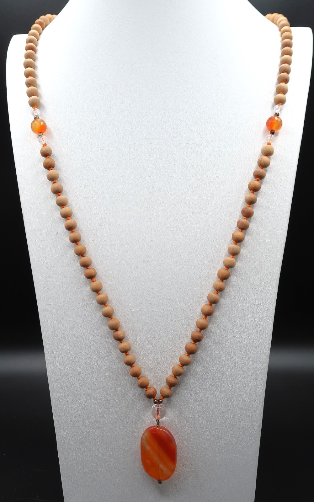 Vtg Hand Knot Strung Wood Bead Carnelian Agate Pendant Necklace Blooming Lotus