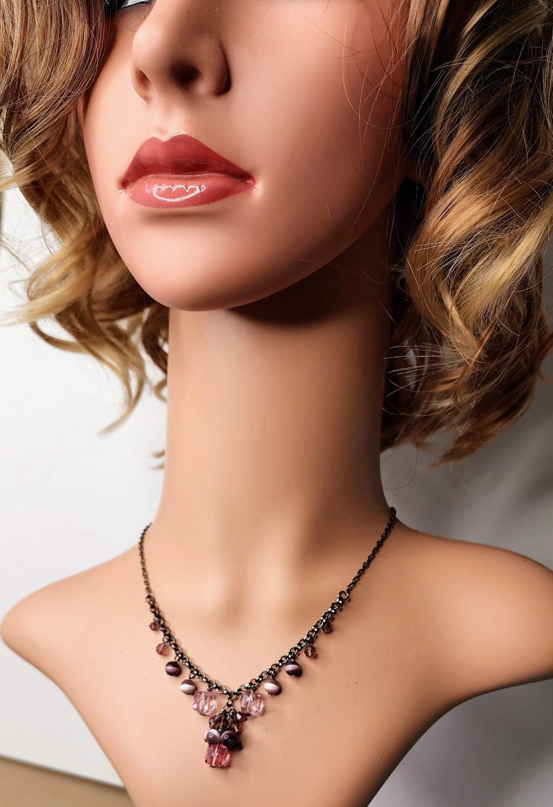 Vintage Style Pink Crystal & Cat Eye Bead Gunmetal Necklace