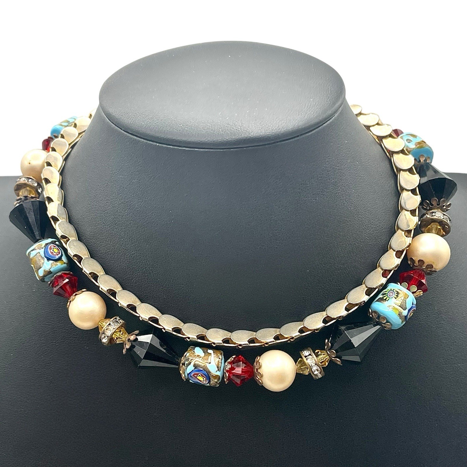 Vintage Demi Parure MILLEFIORI GLASS Beads Chain Necklace Earrings Italy READ