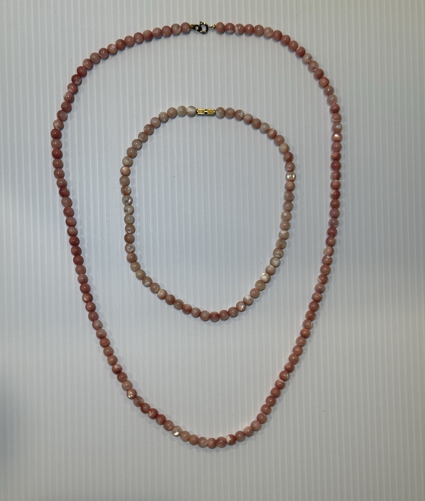 Vintage Pink Agate Bead Necklace Set 2pc Natural Stone 30in & 16.5in