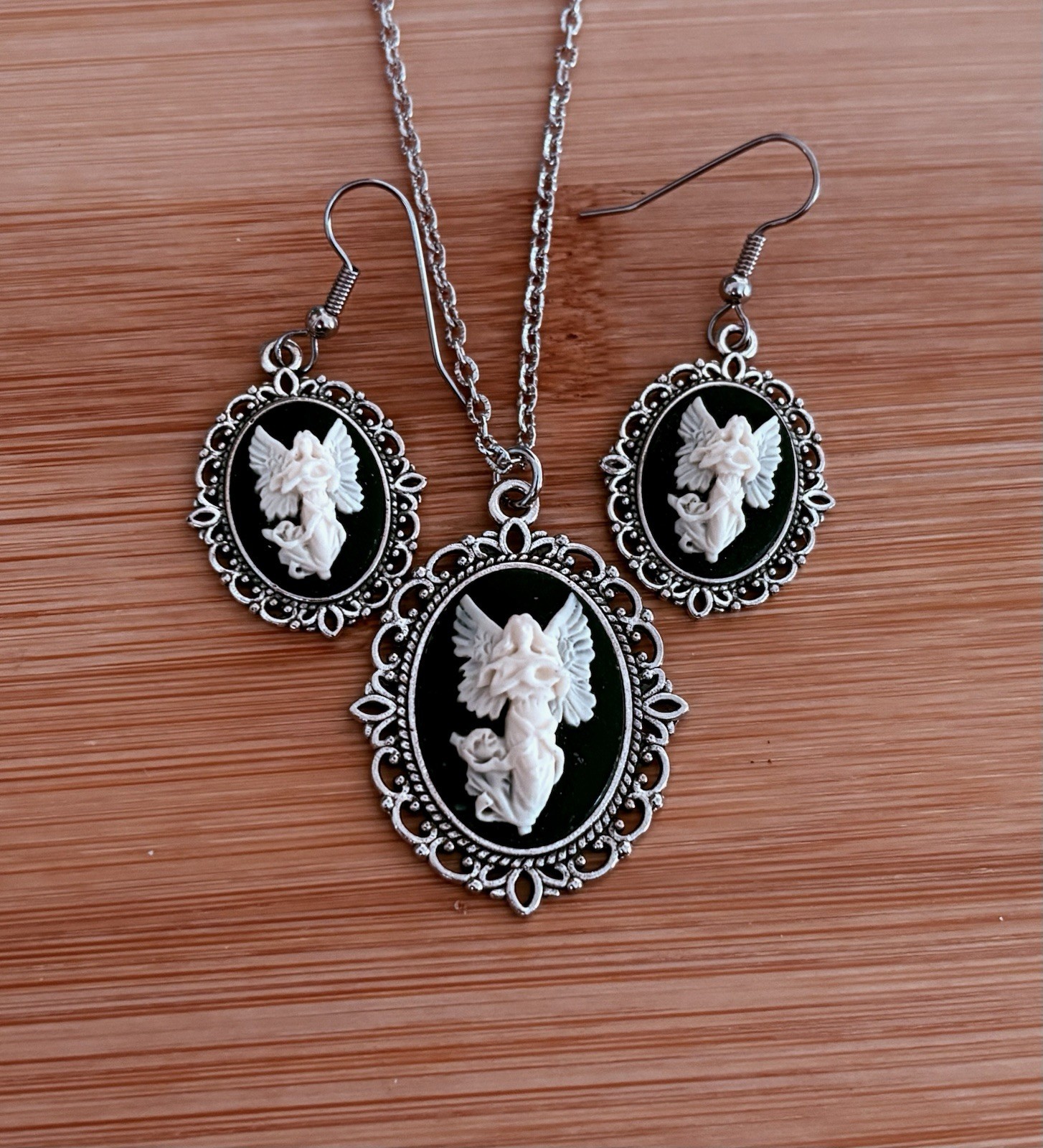 Guardian Angel Cameo Necklace & Earring Set, Vintage Style Pendant, Cream/Black
