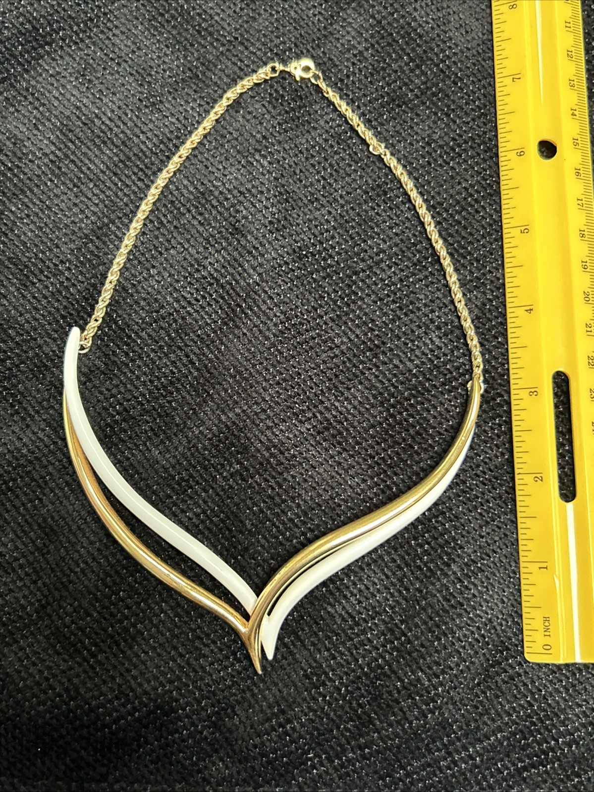 Vintage Monet Double V Neck Swirl Choker Necklace Two Tone Gold Off White Signed