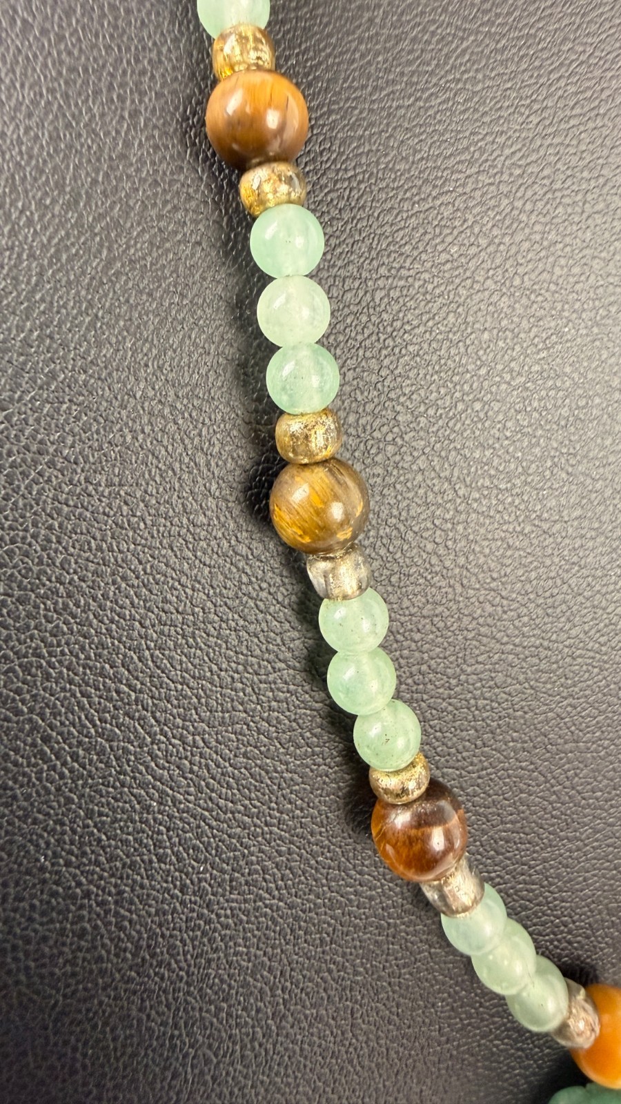 Green Aventurine & Tiger’s Eye Beaded Necklace | Carved Stone Frog Pendant 18″