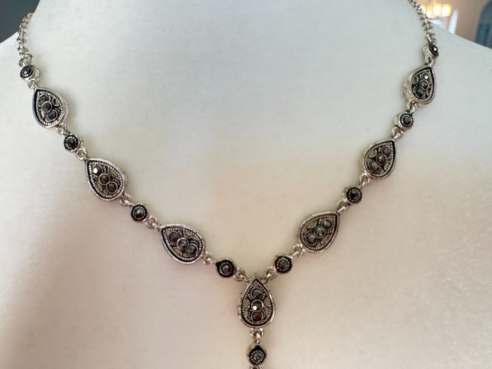 Vintage Crown Trifari Y Necklace, Faux Marcasite Teardrop Drop Pendant
