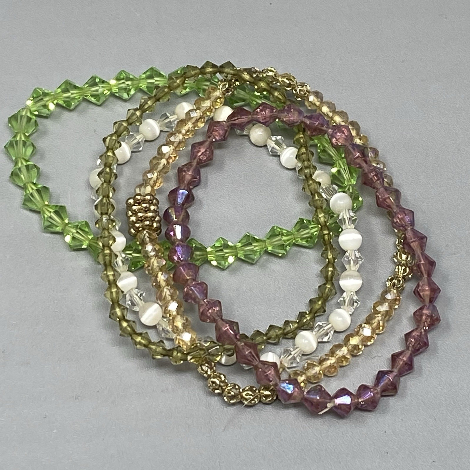 Glass Beaded Bracelet Lot (5) Purple Green White Stretch Mini Faceted Coated 6″