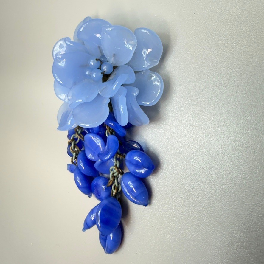 Miriam Haskell Book Piece Vintage Blue Glass Bead Floral Tassel Dress Clip READ