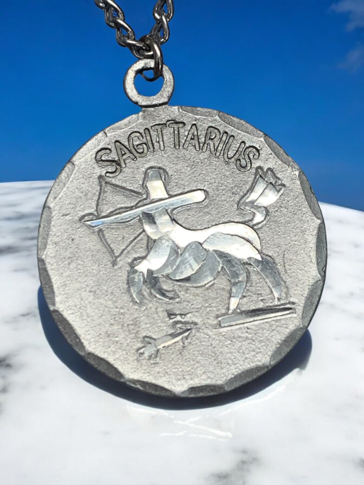 Vintage Pewter BDA Zodiac astrology Sagittarius Engraved Pendant Necklace 18”