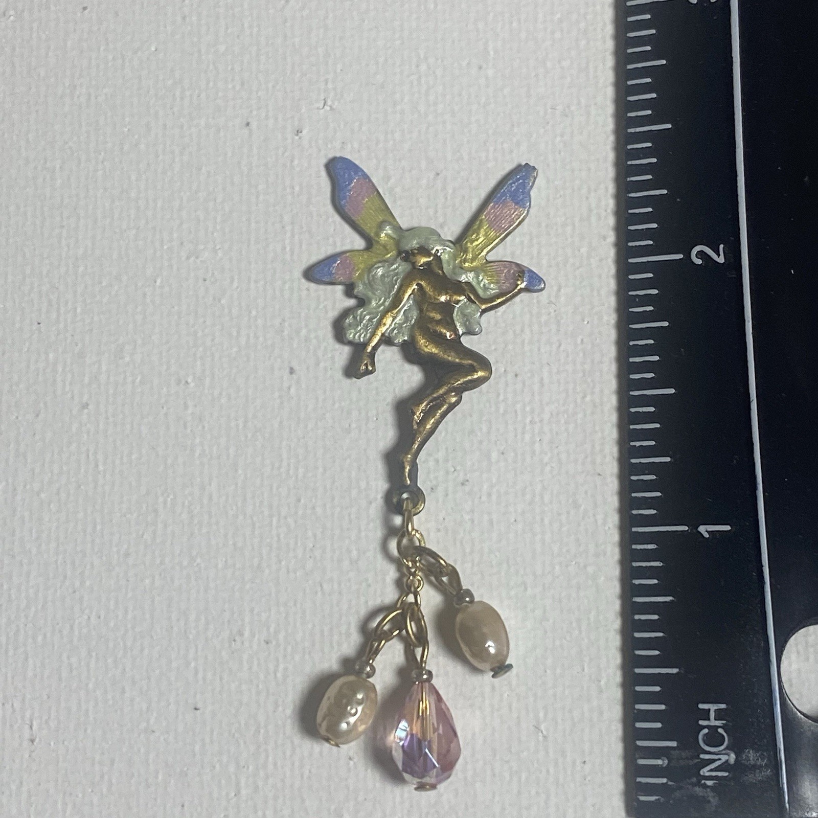 Vintage Whimsical Fairy Pin Multi Color Wings Pink And Faux Pearl Accents