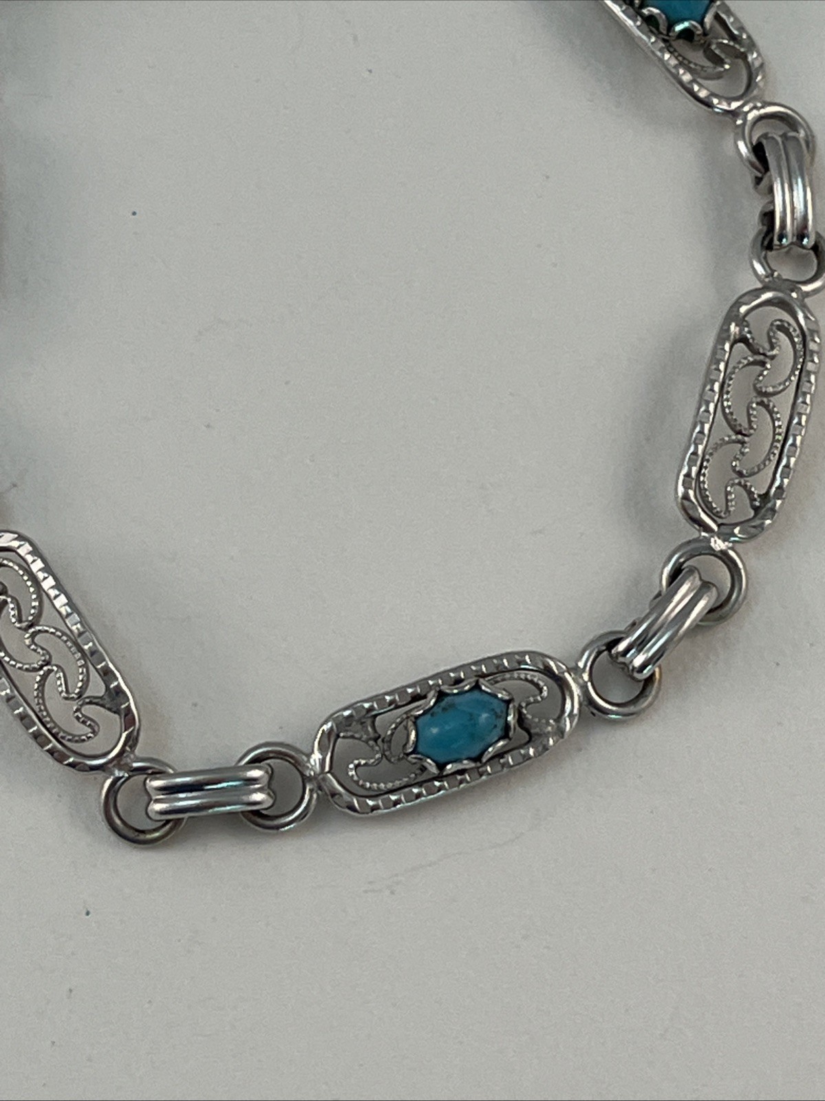 1/20 12K GF White Gold Filled Faux Blue Turquoise Link Bracelet 7 1/4″