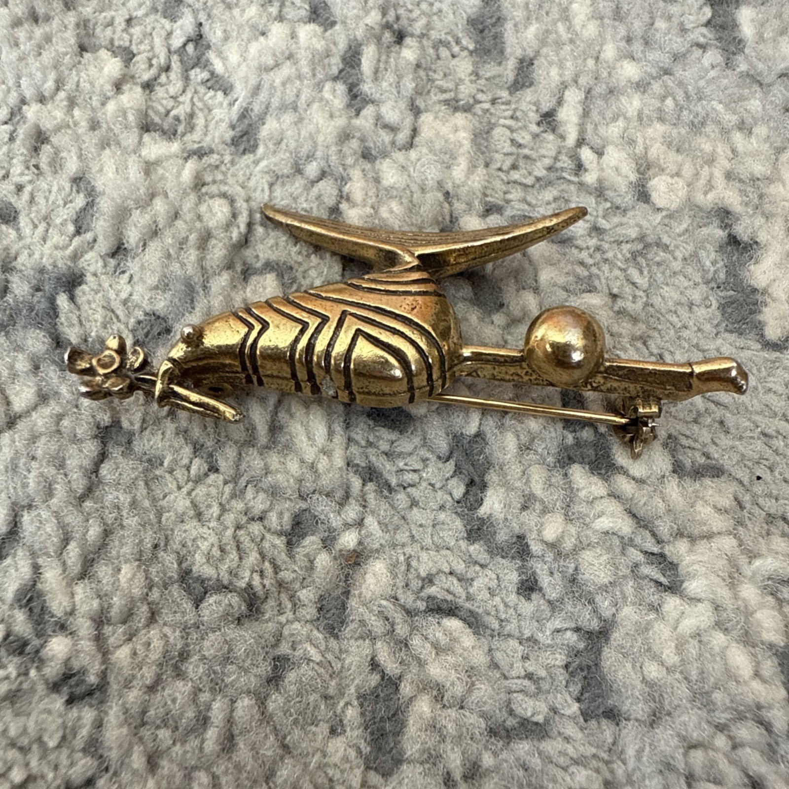Vintage Signed Zentall Bird With Flower Gold-Tone Brooch Pin, 2.25″