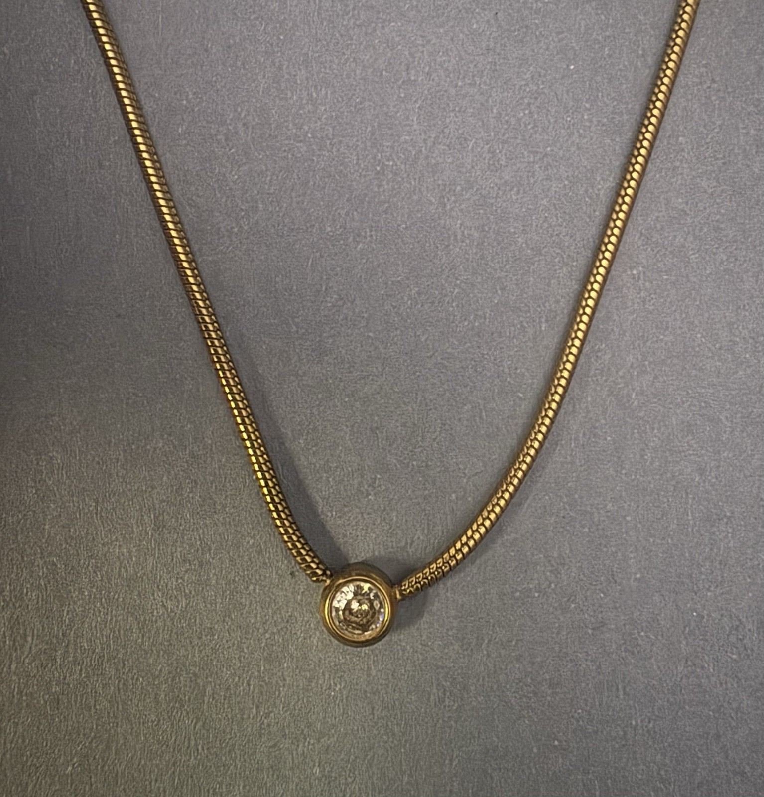 VTG Gold Tone Bezel Set Small Round CZ On A Snake Chain 16in With 3In Extender
