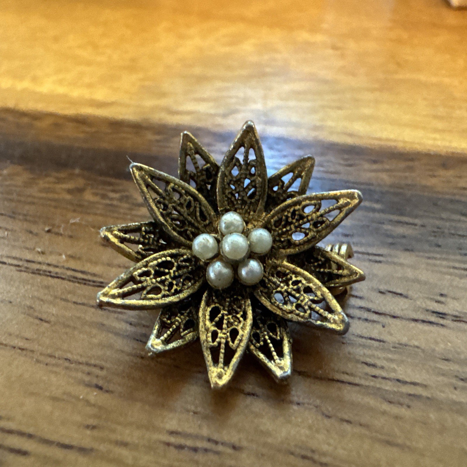 Vintage Tacoa Gold Toned Flower Pearl Brooch Signed Dainty Lapel Pin Old Money