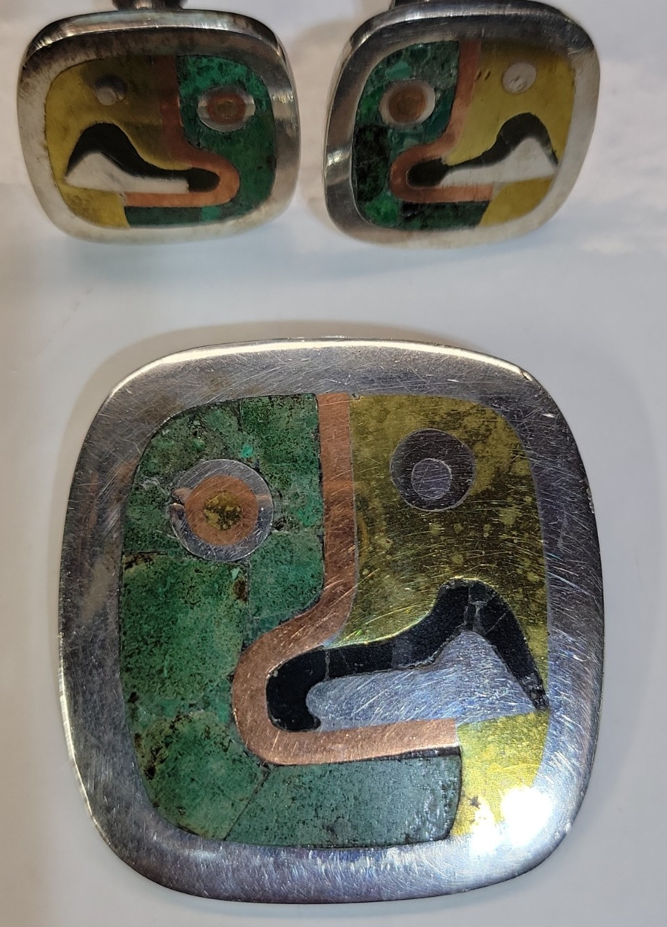1953 LOS CASTILLO STERLING SILVER MALACHITE EARRINGS & BROOCH/PENDANT SET
