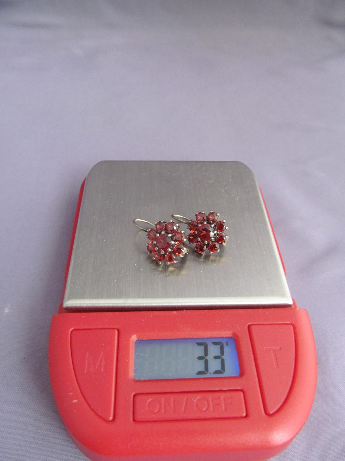 VINTAGE STERLING CLUSTER ROUND RED GARNET DROP DANGLE PIERCED SNAPBACK EARRINGS