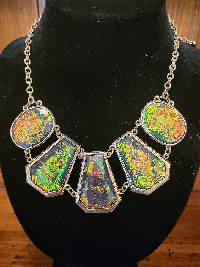 Green Tone Iridescent Enamel Necklace & Earrings Set-Preowned