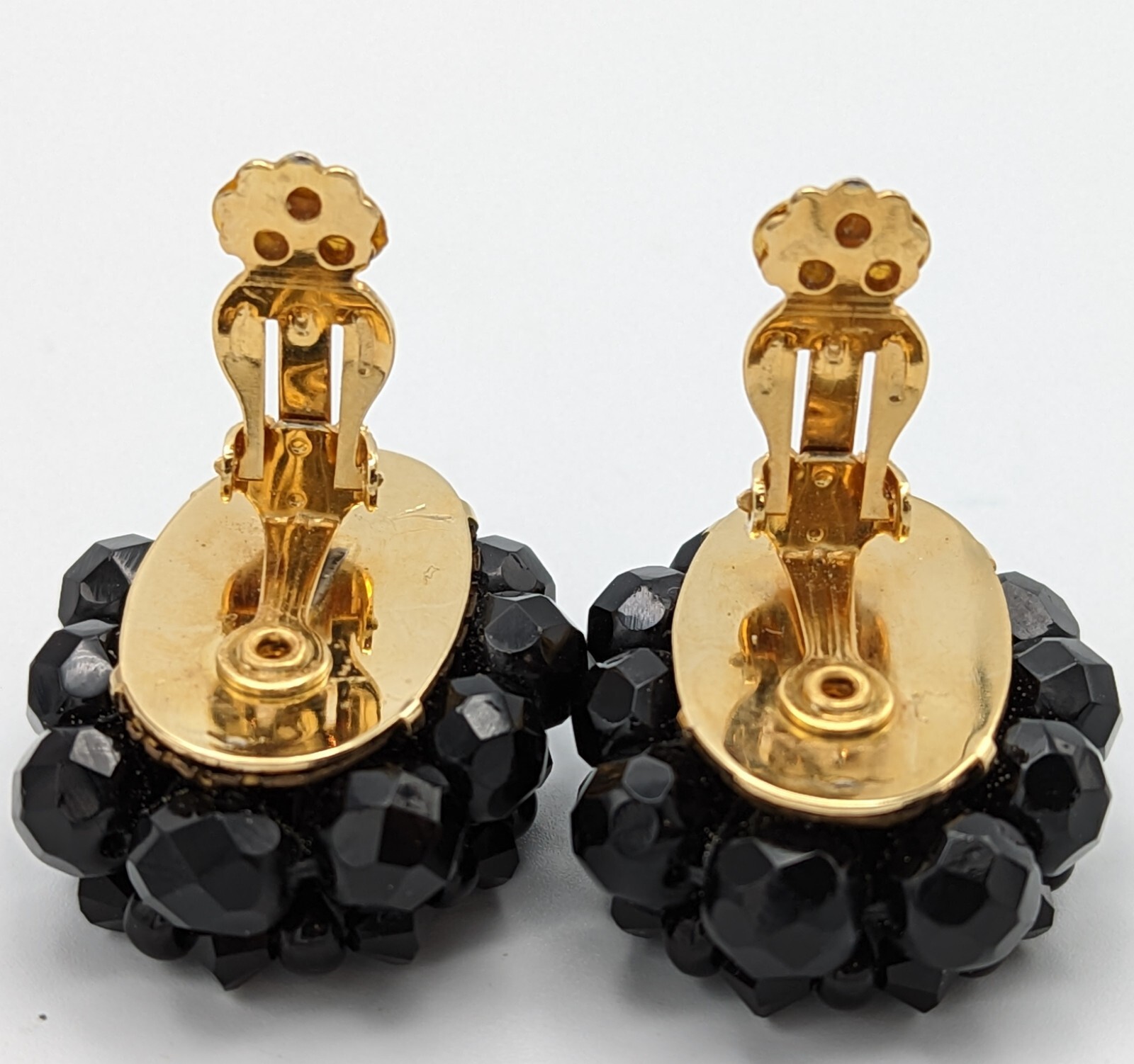 Fazio Black Glass Rhinestone Bead Clip On Earrings 1990s Oval Gold Plated