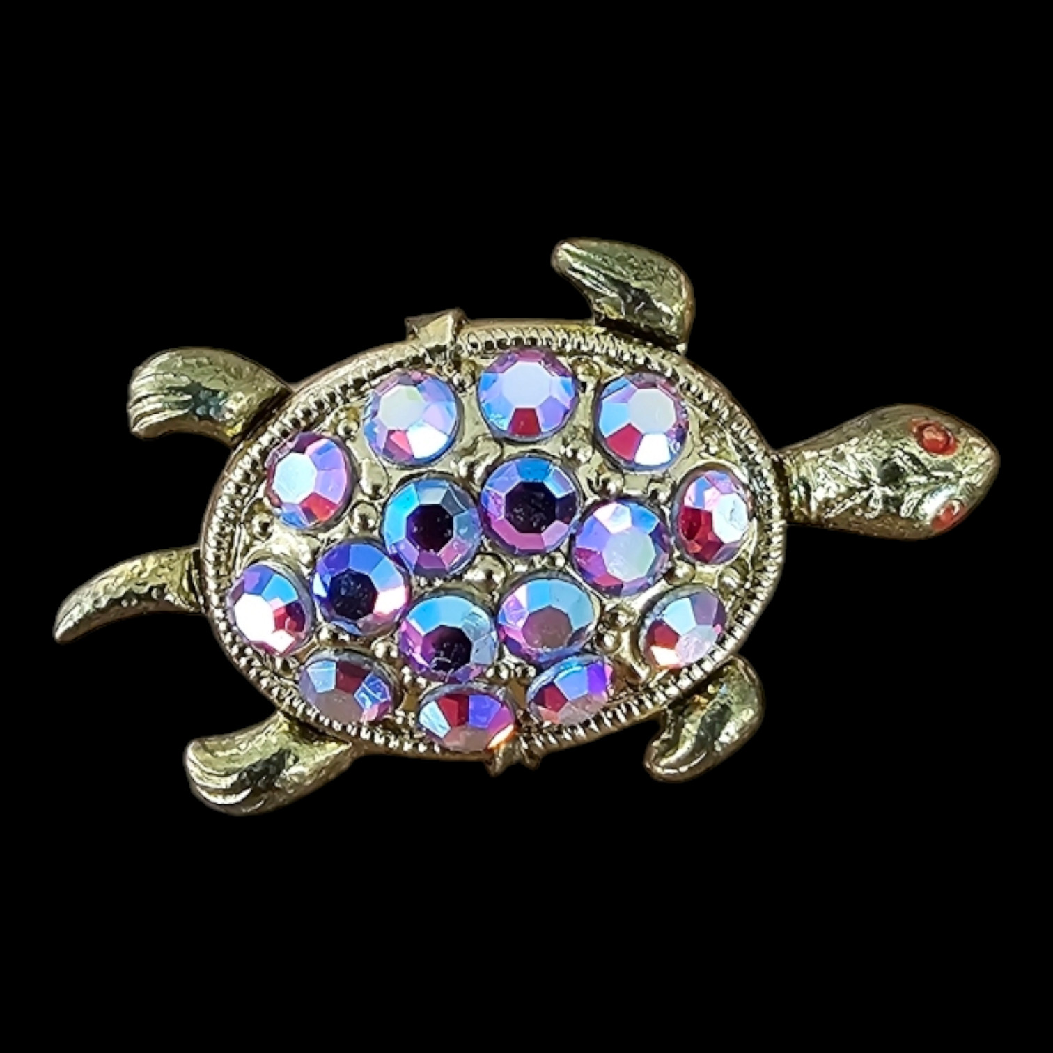 Genuine Vintage Gold Color Ges Gesch Red Crystal Turtle Brooch – W Germany