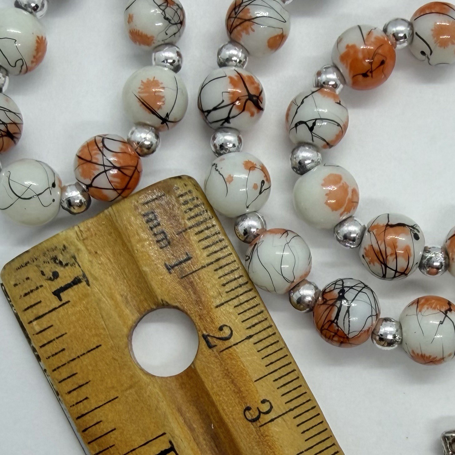 Vtg Catholic Religious Orange Rosary Glass Beads Necklace Silvertone Prayer