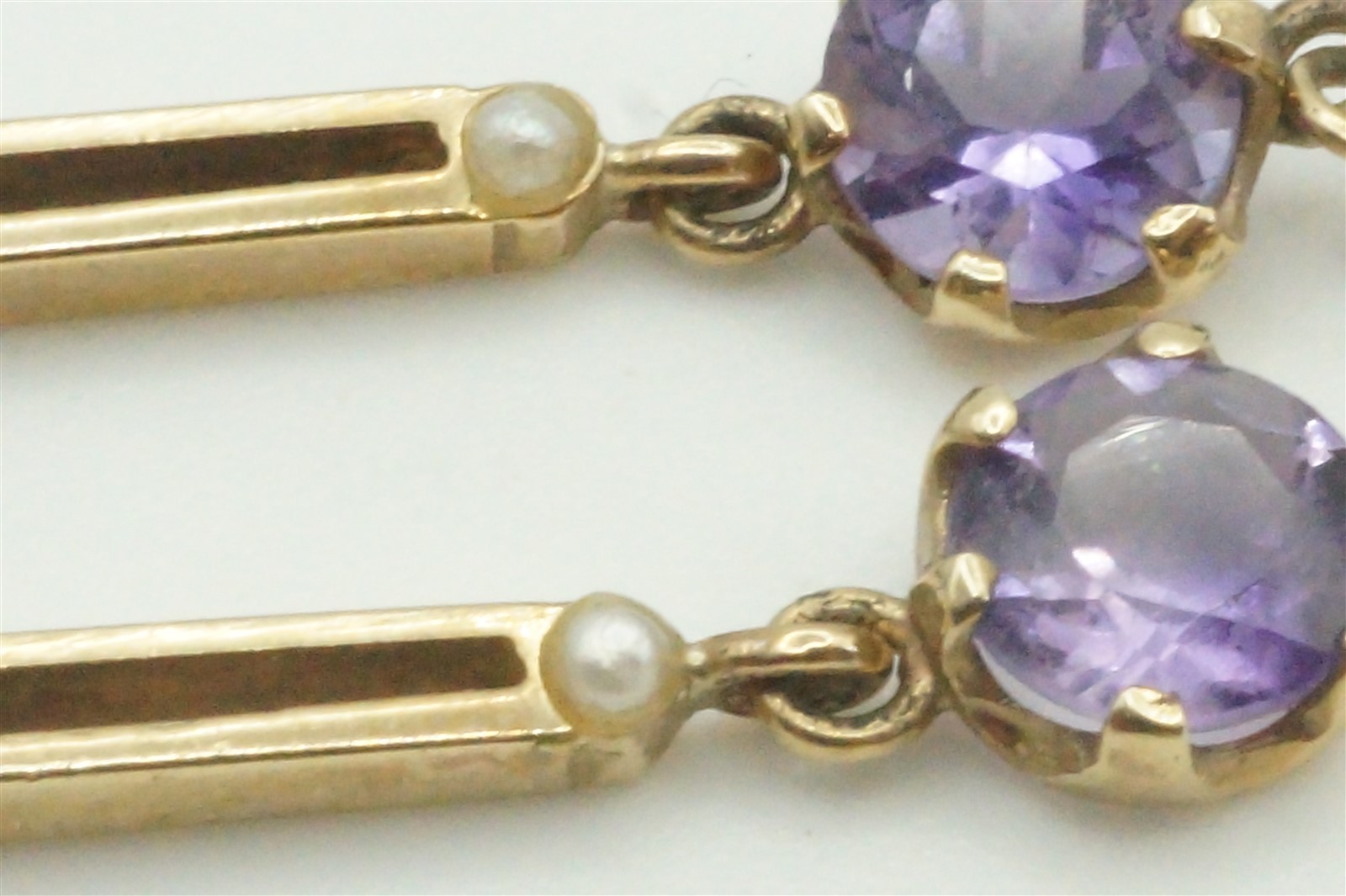 ANTIQUE ENGLISH 9 CARAT GOLD AMETHYST & PEARL DROP EARRINGS c1900