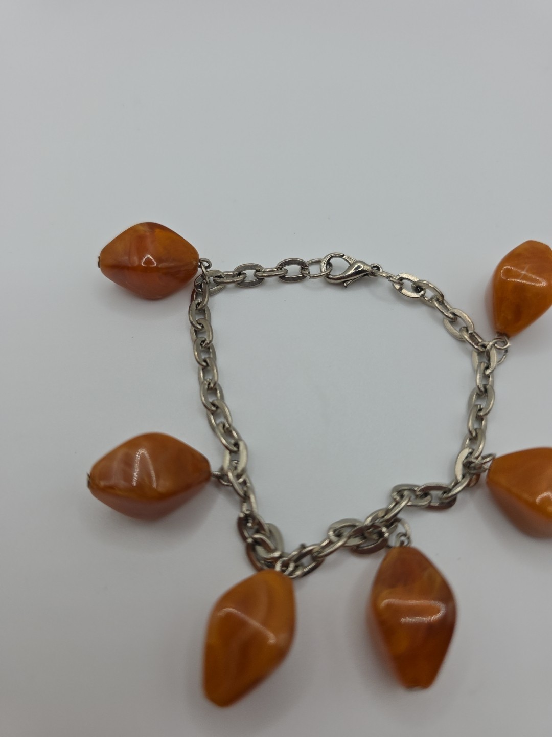 Vintage Marbled Orange Acrylic Charm Bracelet Chunky Retro Dangle Drop Charms