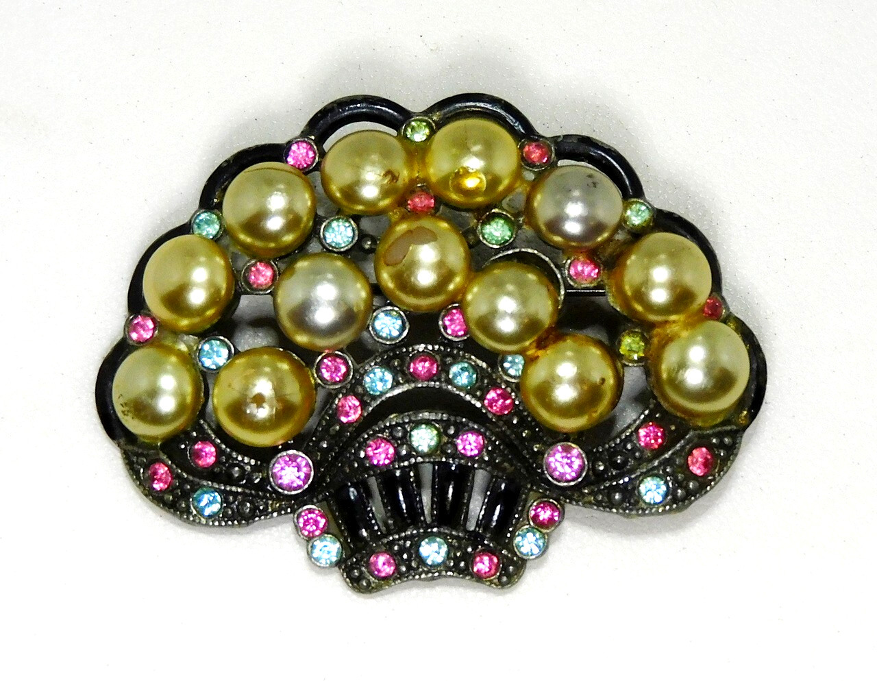 Vintage New England Glassworks Rhinestone Faux Pearl Flower Basket Brooch