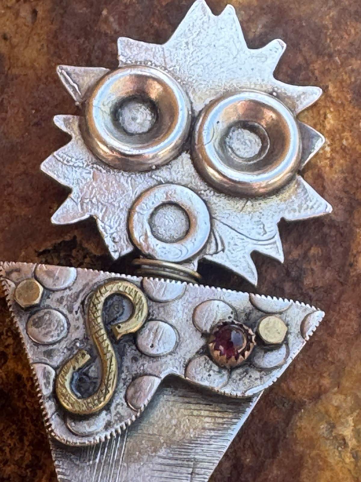 Sterling Silver Artisan Brooch, Mixed Metals Signed 15 Grams 3 1/4”