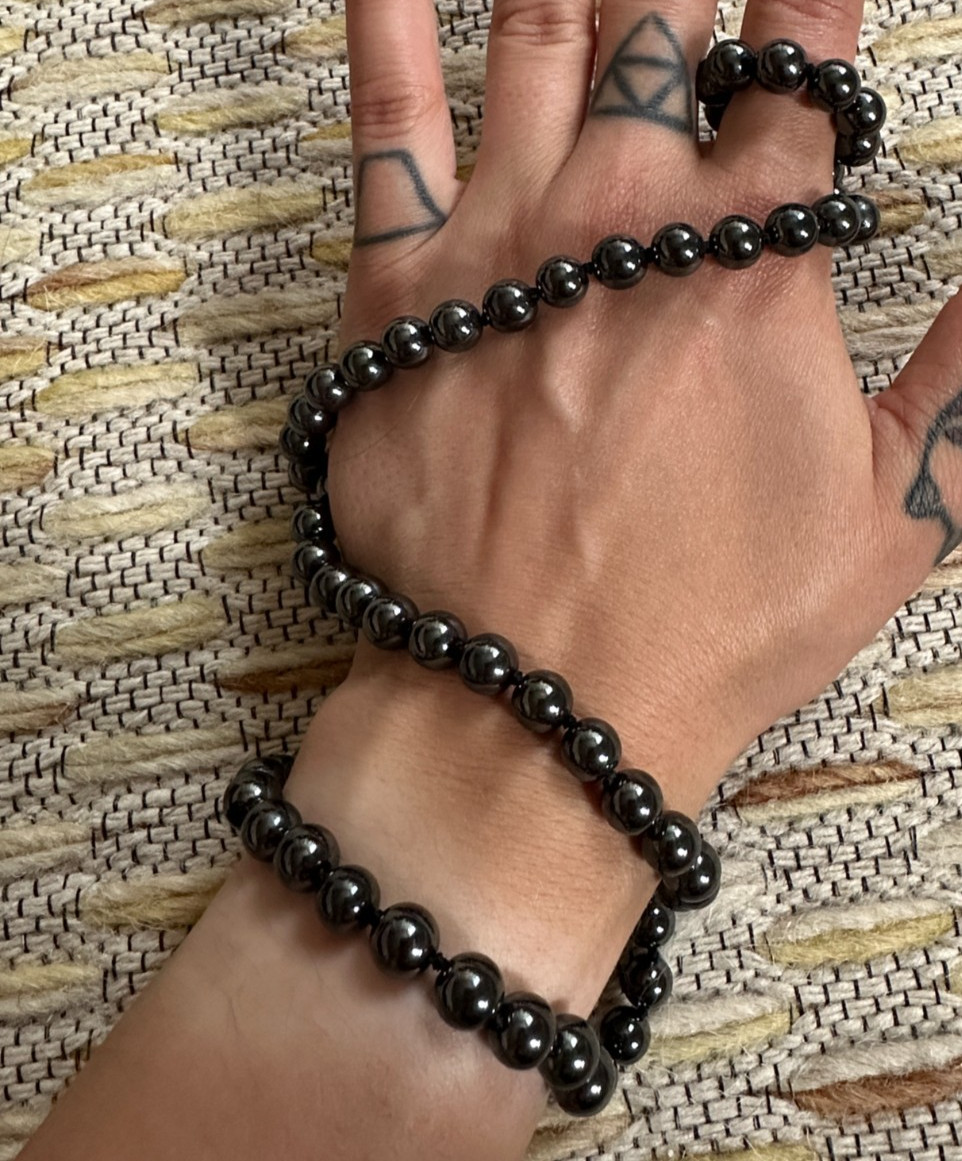 Vintage Hand Knotted Hematite Bead Single Strand Long Necklace, 1960s