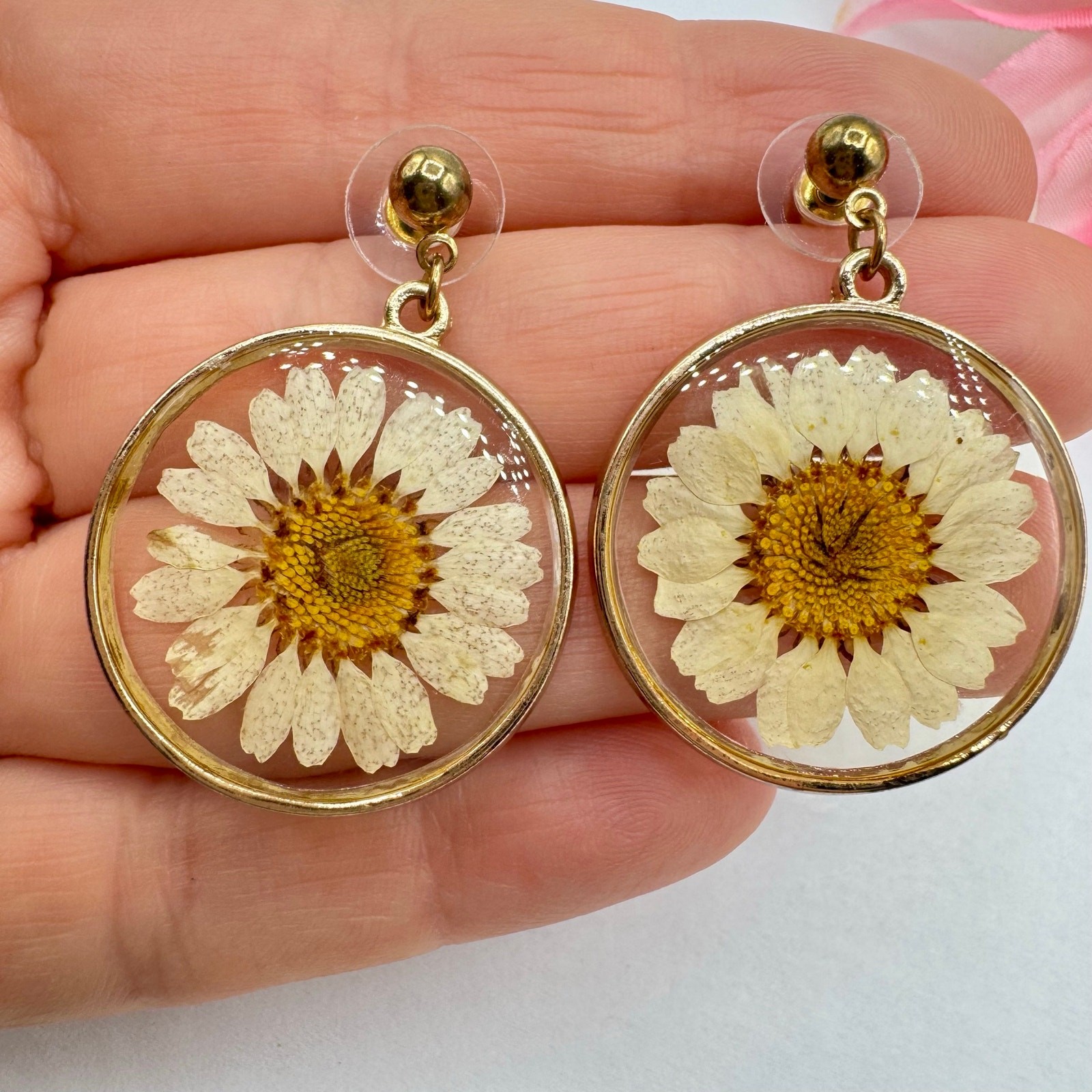 Vintage Dried Pressed Daisy Earrings Flower In Resin Cottagecore Garden Party