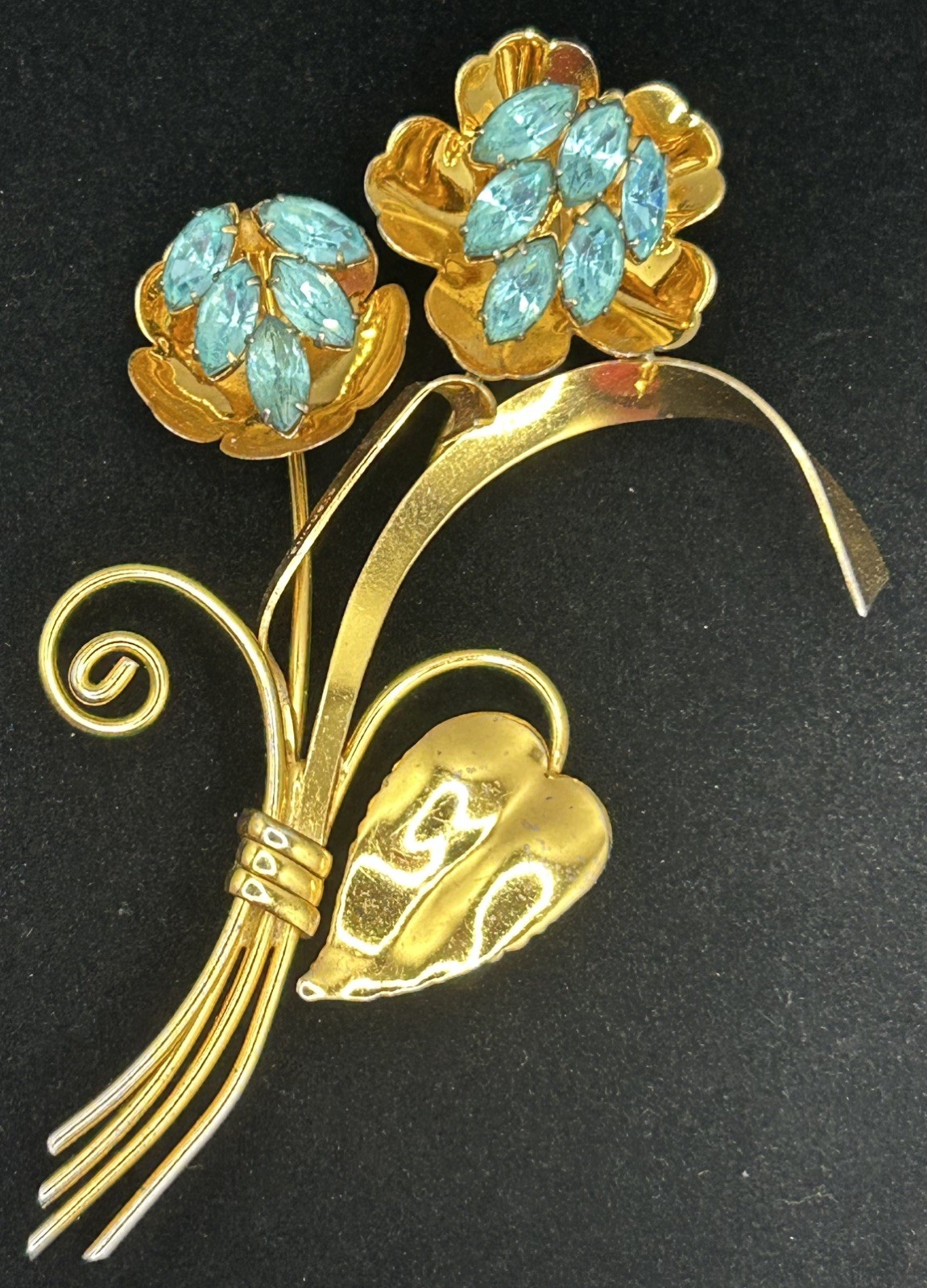 Huge Vintage Gold Tone Coro Brooch Aqua Blue Marked Sterling 1940’s