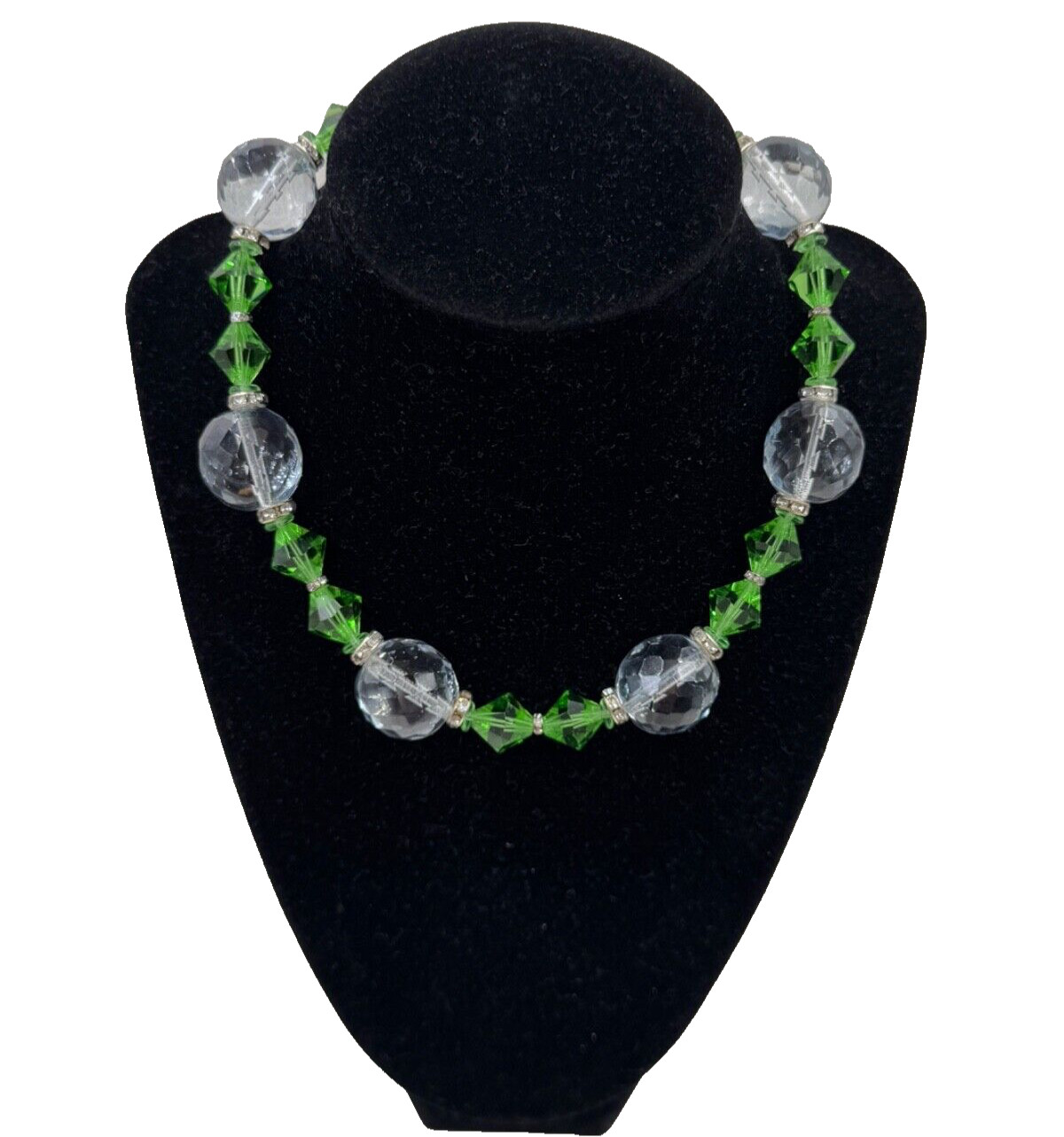 LRG MOONSTONE CLR FACETED CRYSTAL BEADS VIVID GREEN BI CONE ROUNDEL SPC NECKLACE