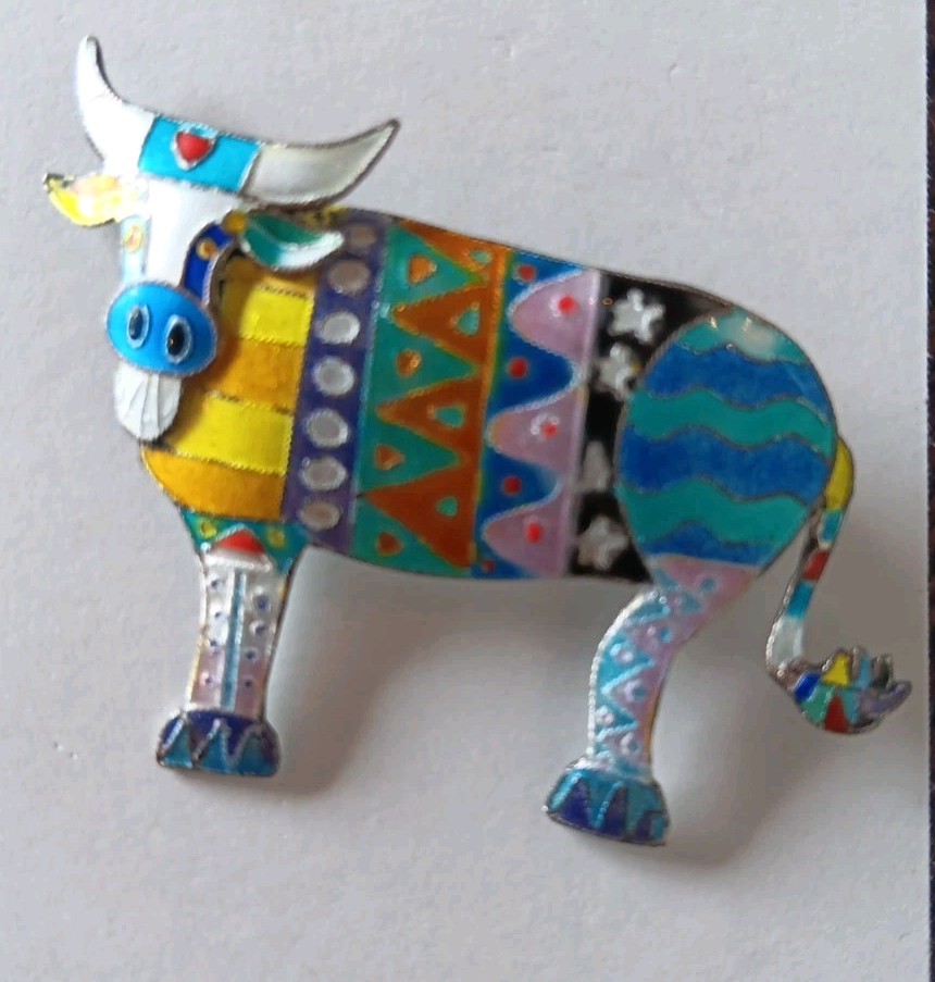Zarah Enamel Cow Brooch Sterling Silver Colorful Folk Art Bull Pin Vintage 925
