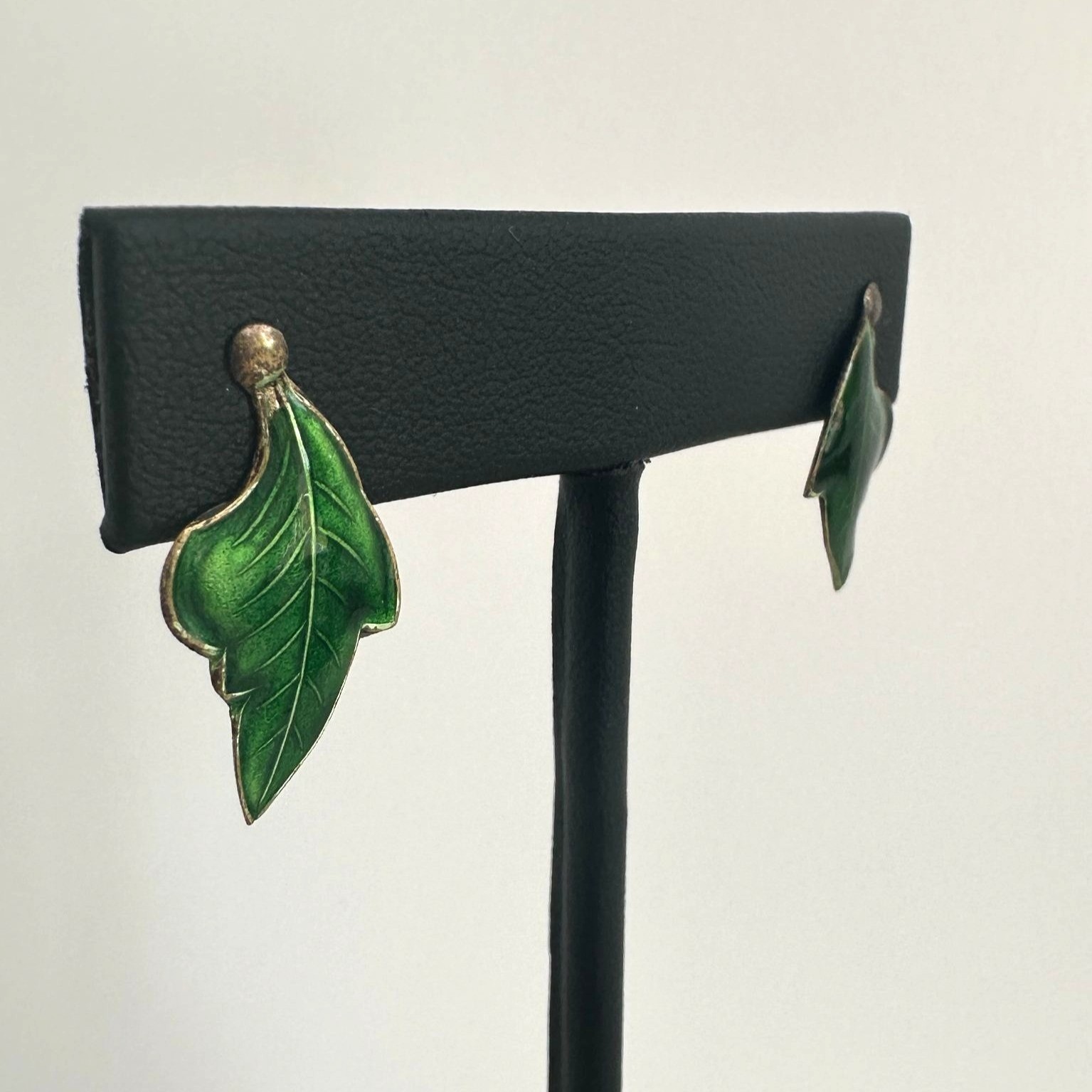 1950s Sterling Silver Green Enamel Leaf Earrings Gold Wash Two Tone Post Backs