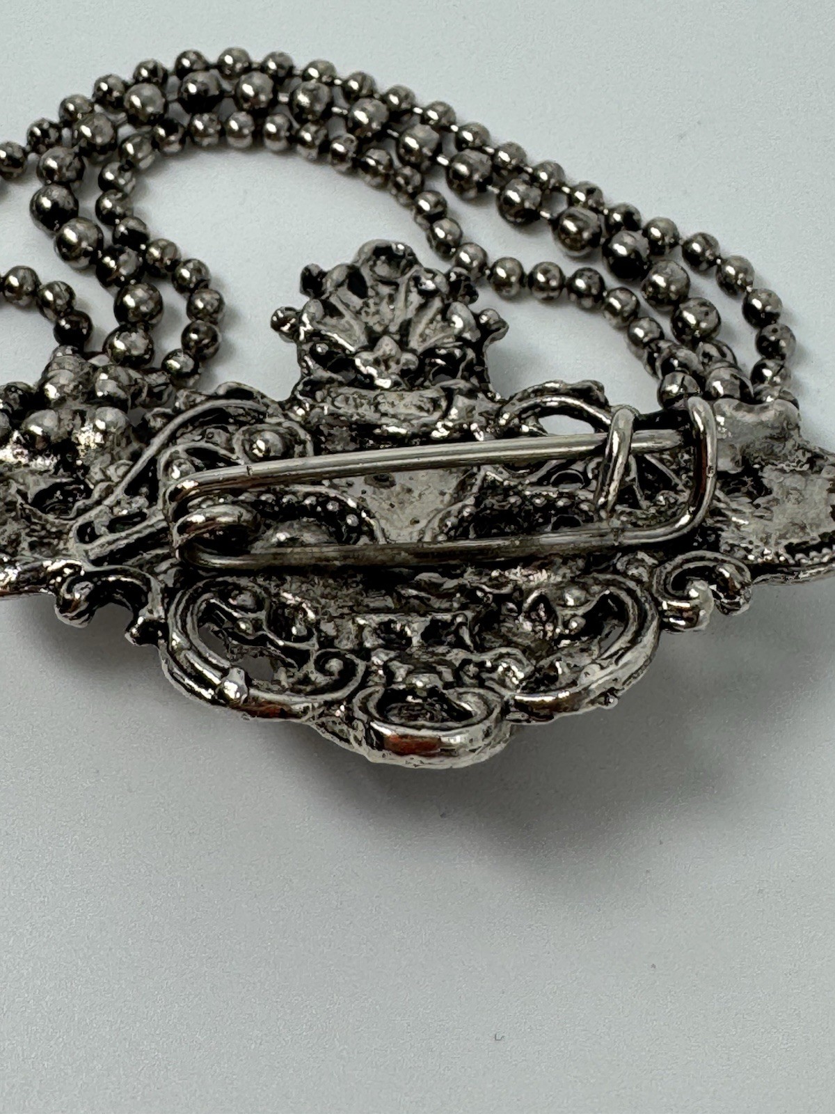 VTG Victorian Revival Gothic Brooch Silver-tone W/ Black Faux Onyx Cab Art Deco