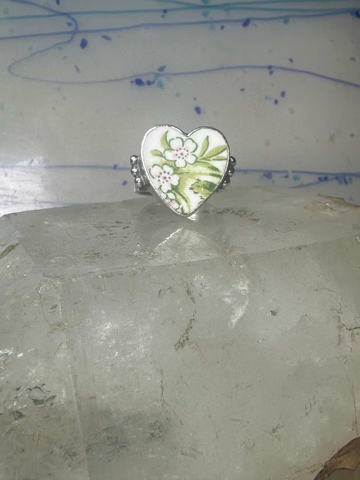 Heart ring Porcelain Ceramic floral flowers Valentine band size 8.50 sterling si