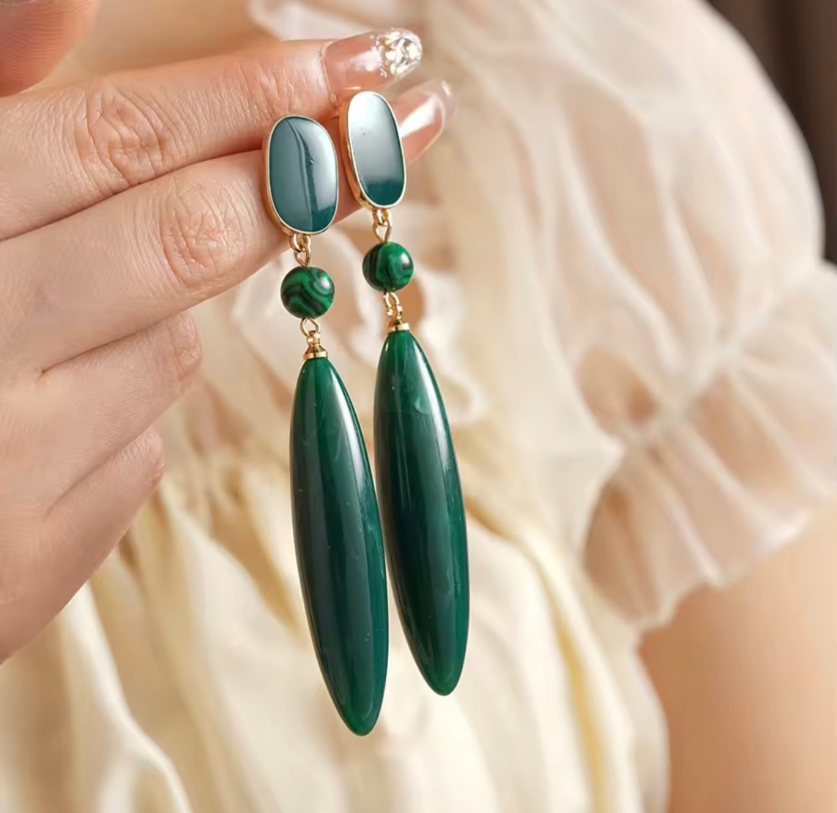 Vintage Emerald Green Acrylic Dangle Earrings for Women, Malachite Style Drop Ea