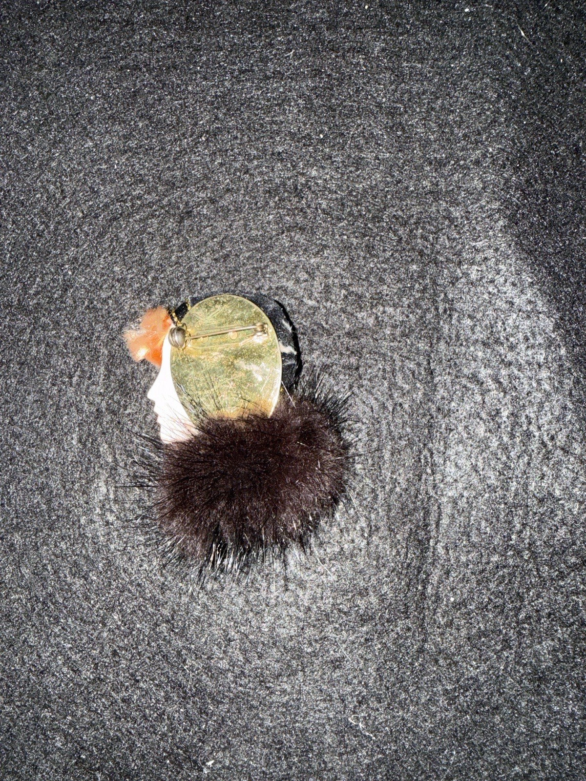 Vintage Art Deco Lady Face Brooch – Faux Fur Collar, Ribbon Hat, Rhinestone– 3”