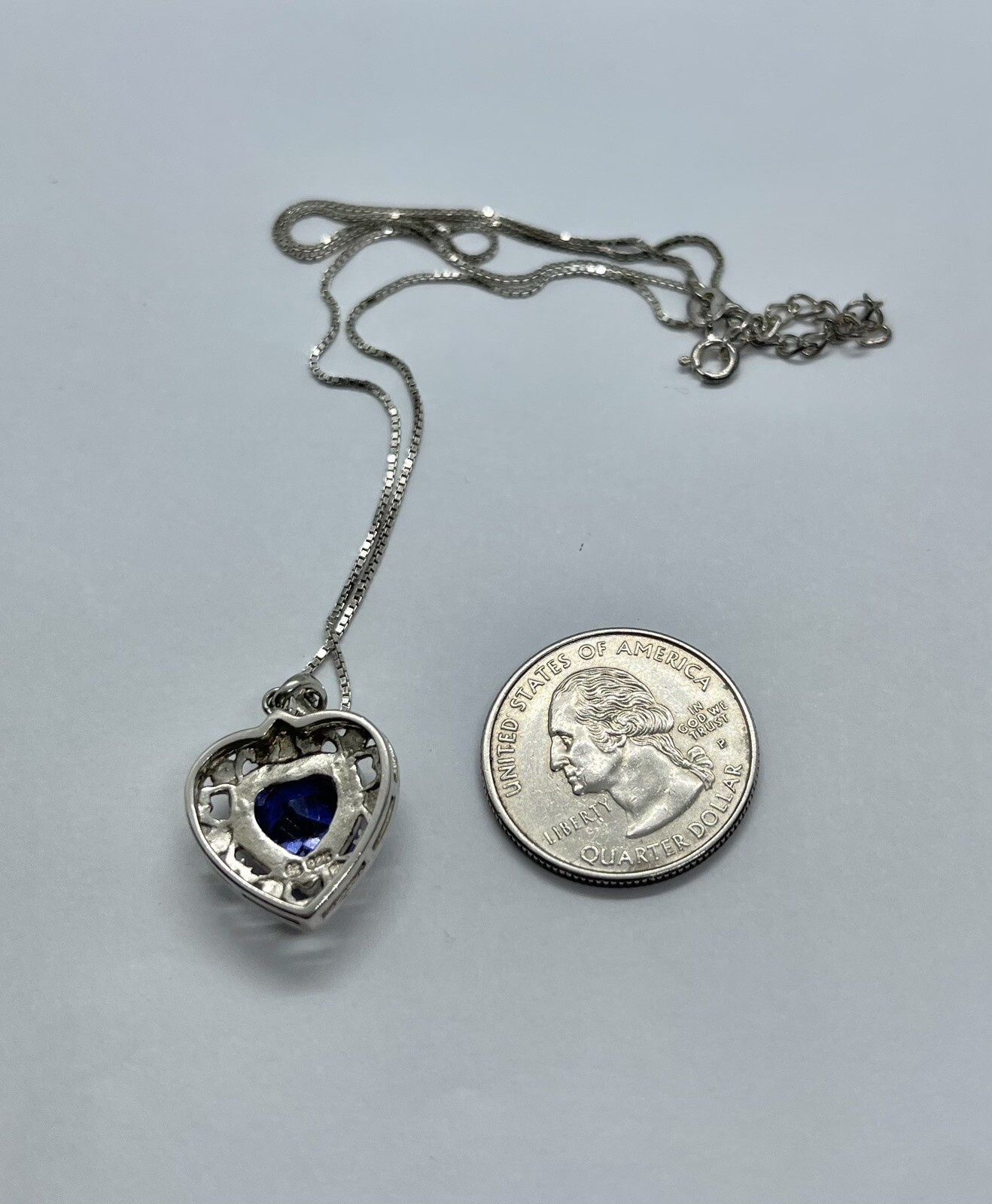 Vintage Bluish Purple Heart Shaped Stone on Sterling Heart Pendant Necklace 17”
