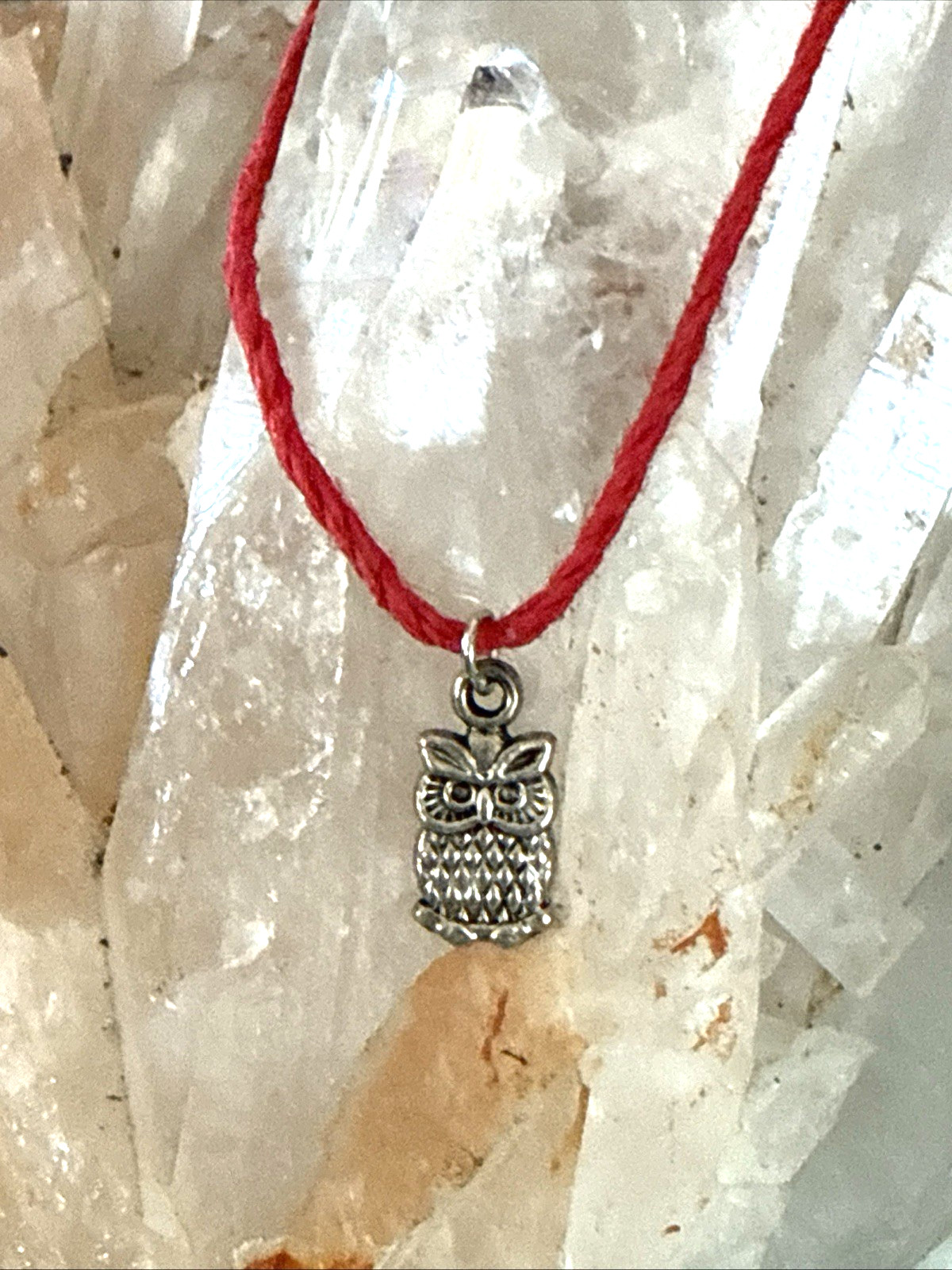 tiny OWL CHARM Dainty Necklace Hemp Cord Boho Festival Tibetan Silver Tone GIFT