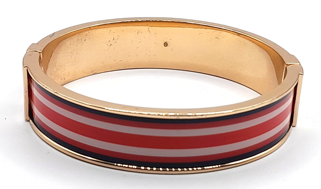 VINTAGE 90’s RED WHITE & BLACK ENAMELED GOLD TONE METAL BANGLE CLAMPER BRACELET