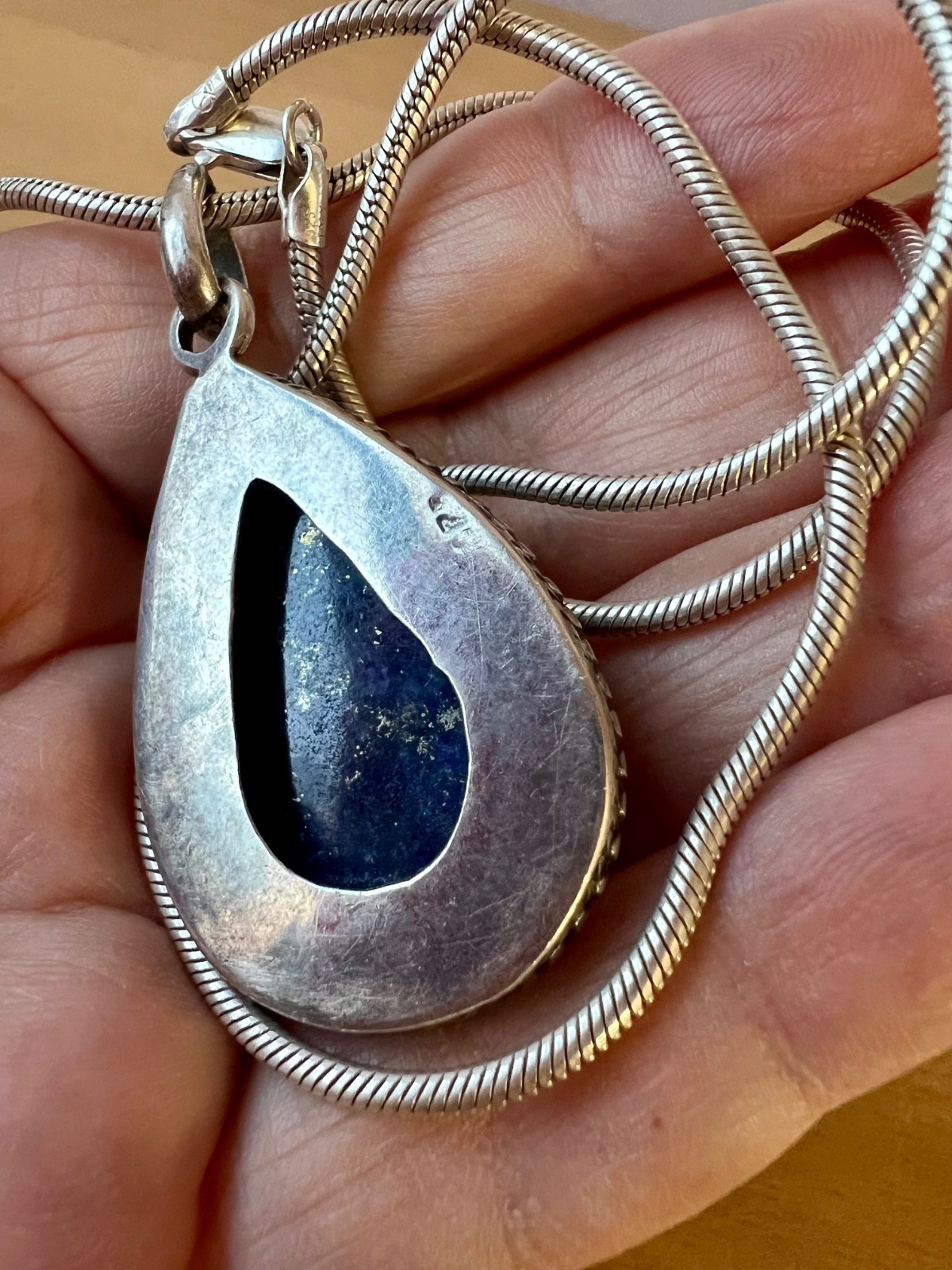 VINTAGE LARGE LAPIS LAZULI PENDANT THICK SNAKE CHAIN NECKLACE 925 STERLING SLVER